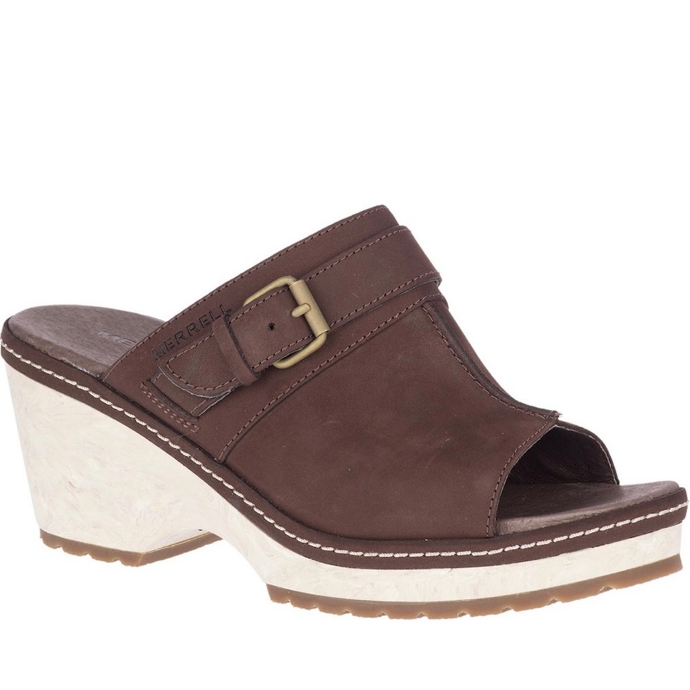 Merrell Halendi Leather Slide Sandals Brown Bracken Wedge platform 9.5 NEW